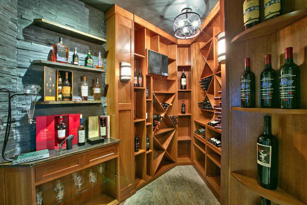 Inspiration for a mid-sized contemporary wine cellar in Seattle with diamond bins.