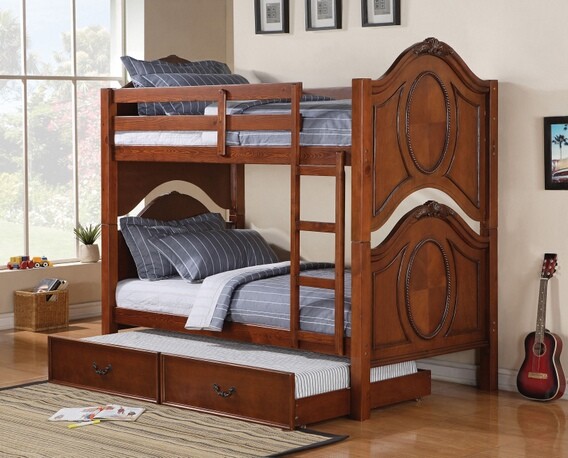 Classique cherry finish wood oval shaped paneled end twin over twin bunk bed set