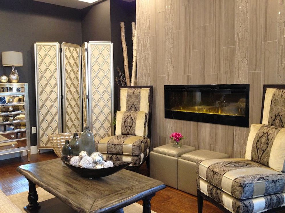Example of a mid-sized minimalist formal and enclosed dark wood floor living room design with gray walls, a ribbon fireplace, a tile fireplace and no tv