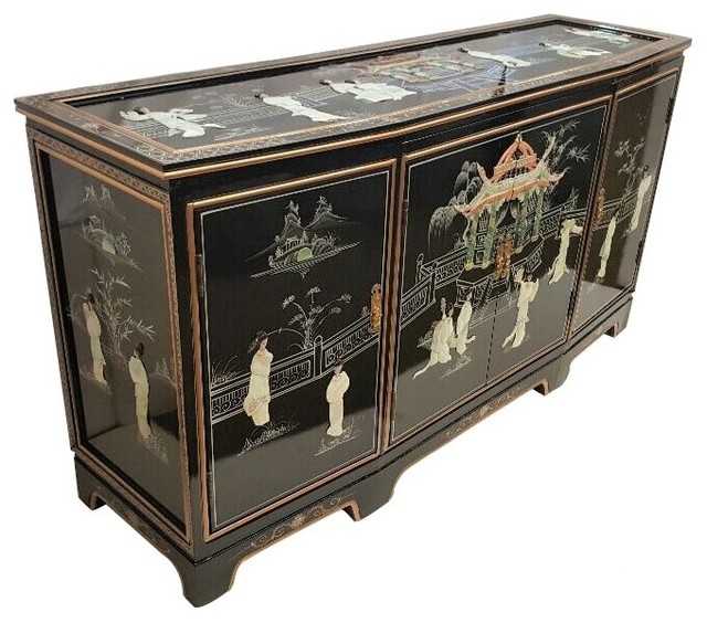 60 Chinese Black Lacquer Buffet With Mother Of Pearl Lady Design