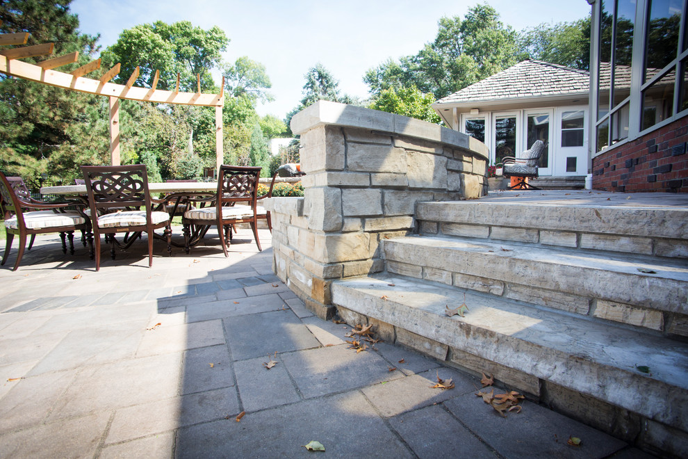 Design ideas for a transitional backyard stone water fountain landscape in Omaha.
