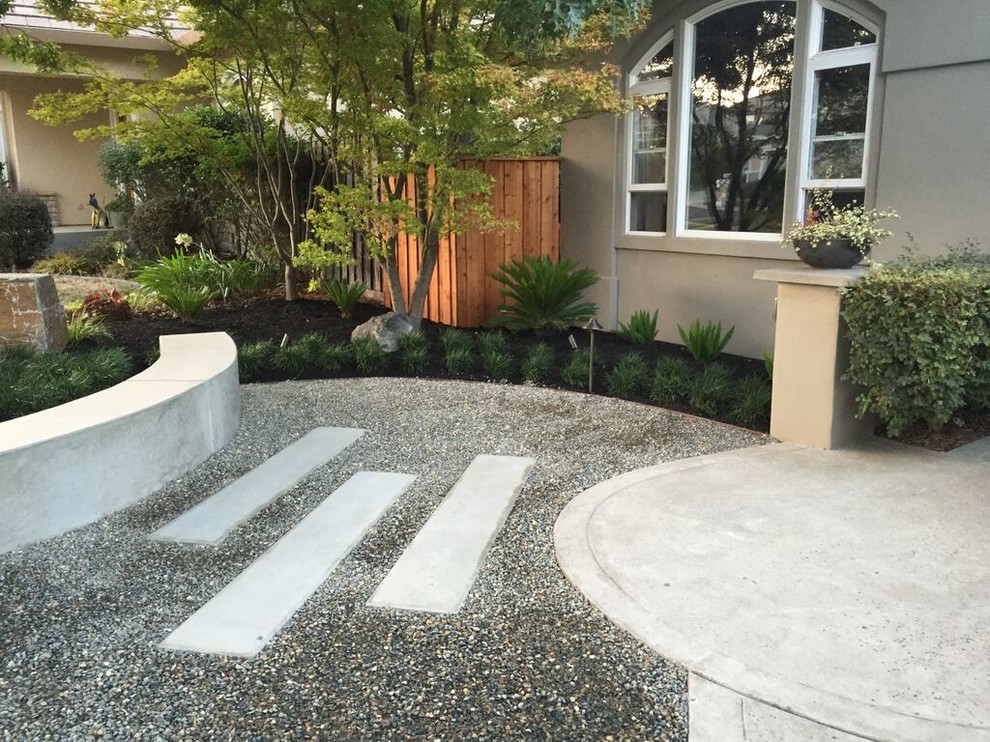 Inspiration for a mid-sized contemporary front yard shaded xeriscape in Sacramento with a water feature and gravel.