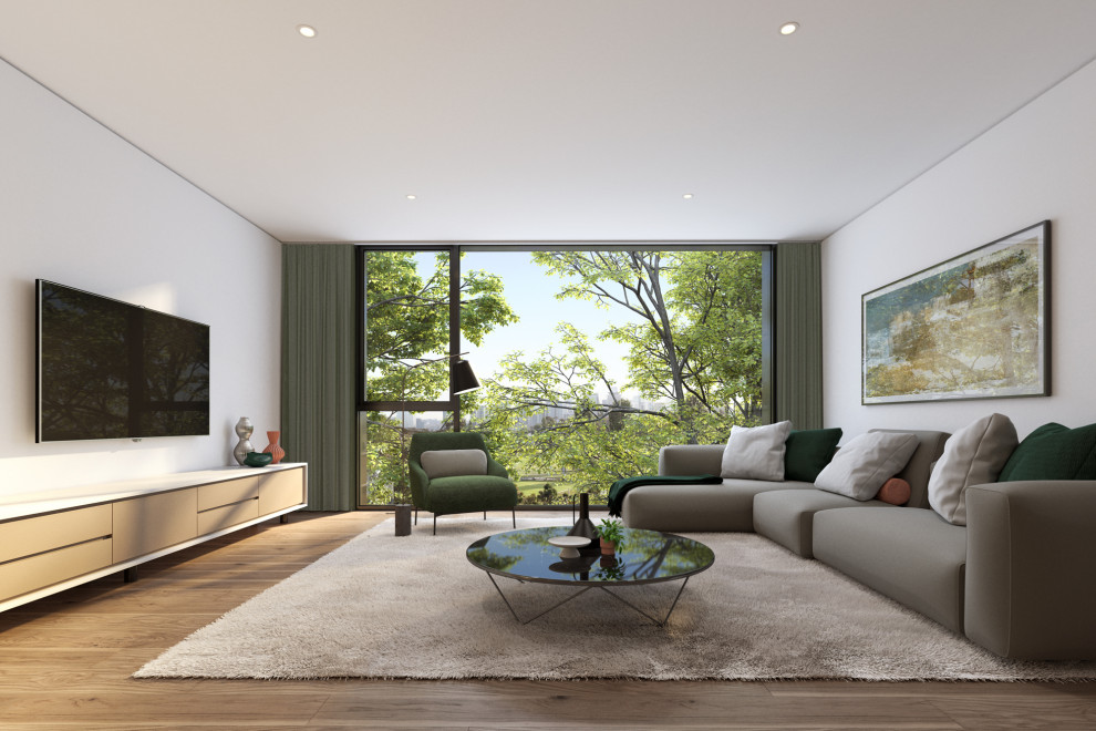 Design ideas for a large contemporary formal enclosed living room in Melbourne with white walls, light hardwood floors and a wall-mounted tv.