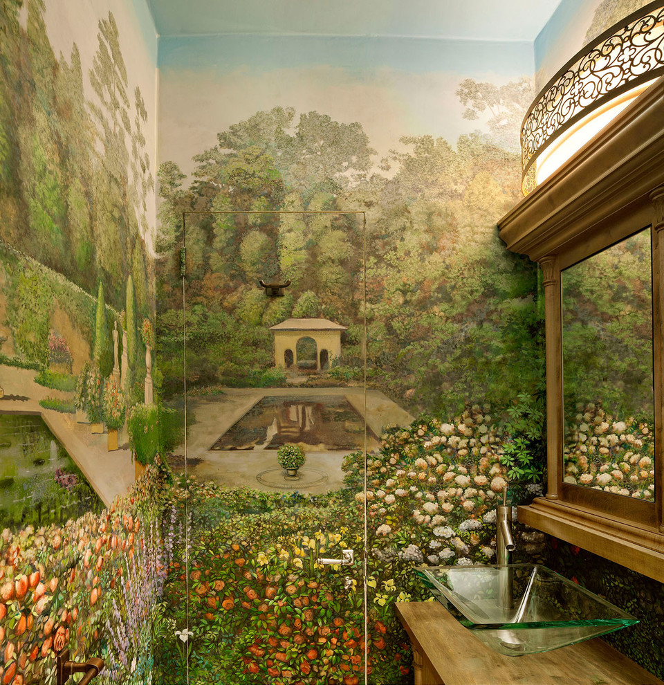 Example of a classic powder room design in New York with a vessel sink