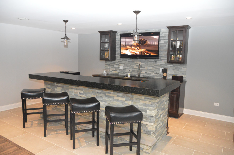 Mid-sized transitional home bar in Chicago with medium hardwood floors and brown floor.