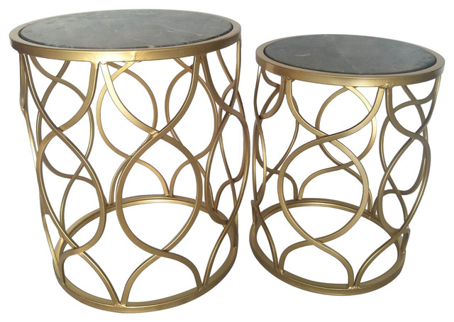 Three Hands Set Of Two Metal Marble Top Tables Three Hands Set Of Two Metal Marble Top Tables