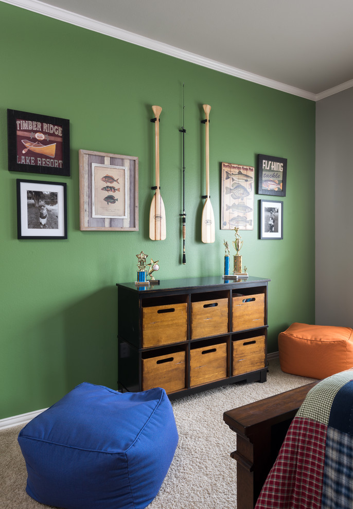 This is an example of a mid-sized traditional kids' room for boys in Dallas with grey walls, carpet and beige floor.