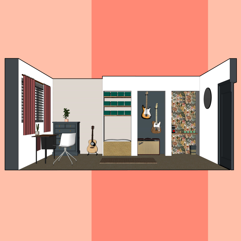 Inredning av ett modernt mellanstort arbetsrum, med ett bibliotek, flerfärgade väggar och ett fristående skrivbord