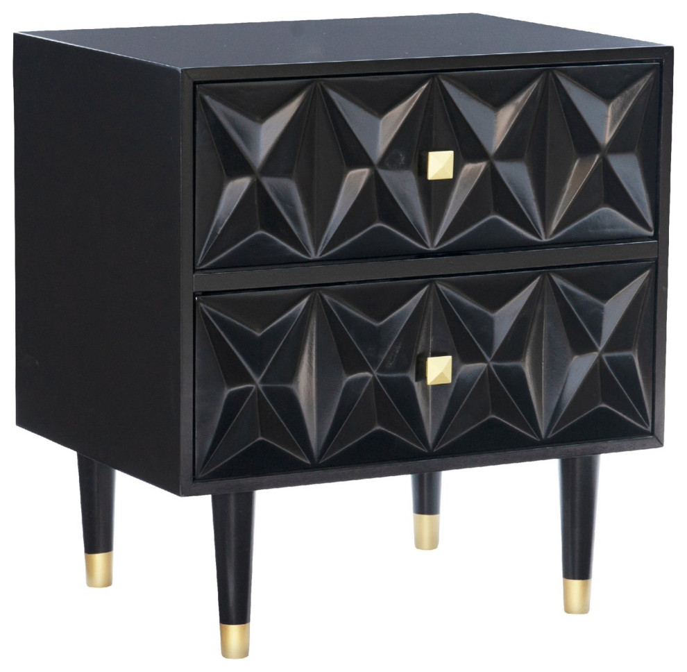 Contemporary Nightstand, 2 Geometric Textured Drawers & Golden Hardware
