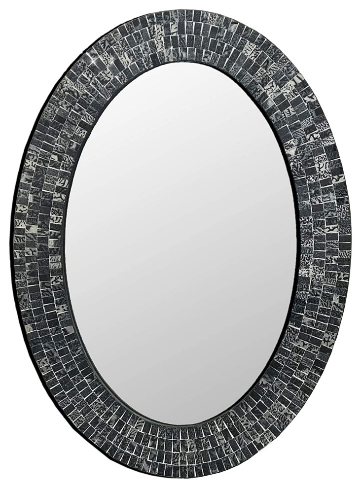 DecorShore 32"x24" in Oval Shape Hanging Black & Silver Wall Mirror