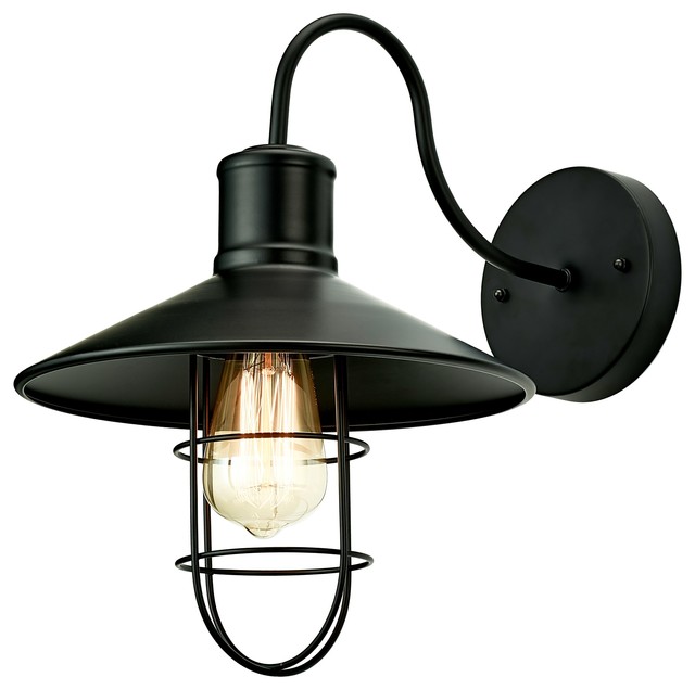 1 Light Nautical Sconce Metal Shade And Cage Black Finish