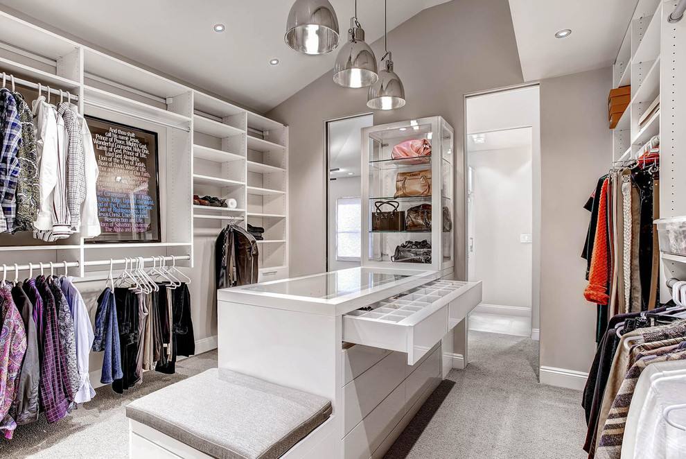 Photo of a contemporary gender-neutral dressing room in Denver with flat-panel cabinets, white cabinets, carpet and grey floor.