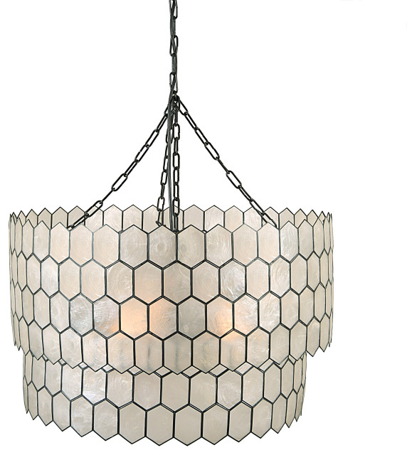 2Tier Capiz Chandelier, White and Black Transitional