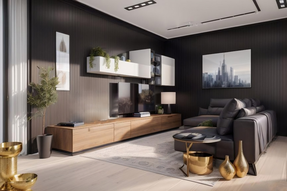 На фото: изолированная гостиная комната среднего размера в стиле модернизм с черными стенами, светлым паркетным полом, отдельно стоящим телевизором, стенами из вагонки и ковром на полу с