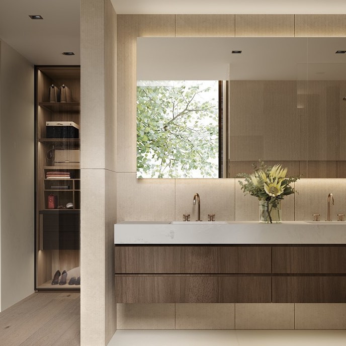 Photo of a contemporary bathroom in Melbourne with a floating vanity unit, medium wood cabinets, beige tiles, an integrated sink, solid surface worktops, white worktops and double sinks.
