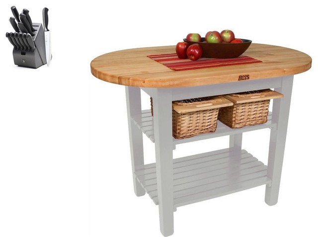 John Boos Elliptical 48x30 Table and Henckels Knife Set, Useful Gray Stain, Two Shelves, Baskets