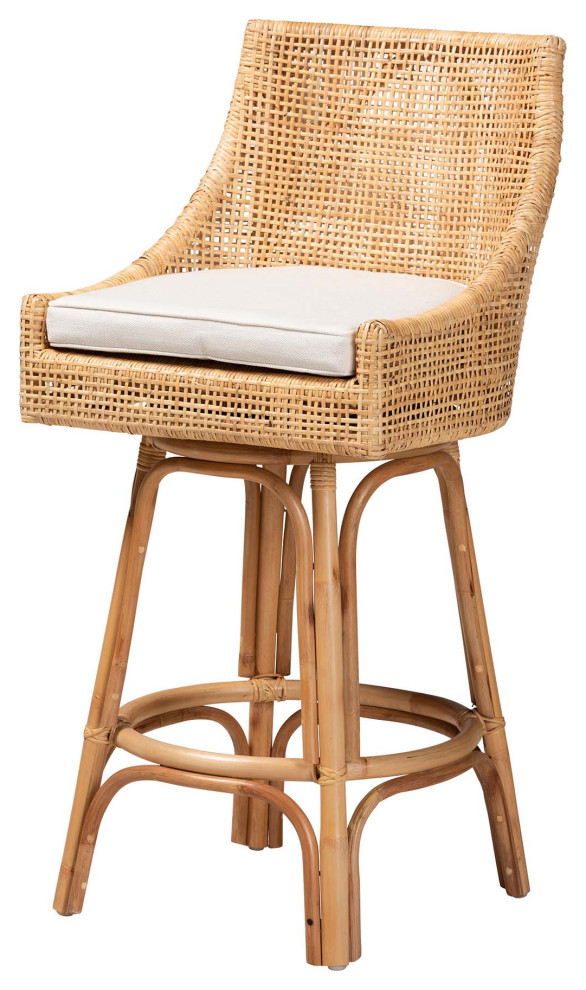Modern Bohemian Natural Brown Rattan Bar Stool Tropical Bar Stools