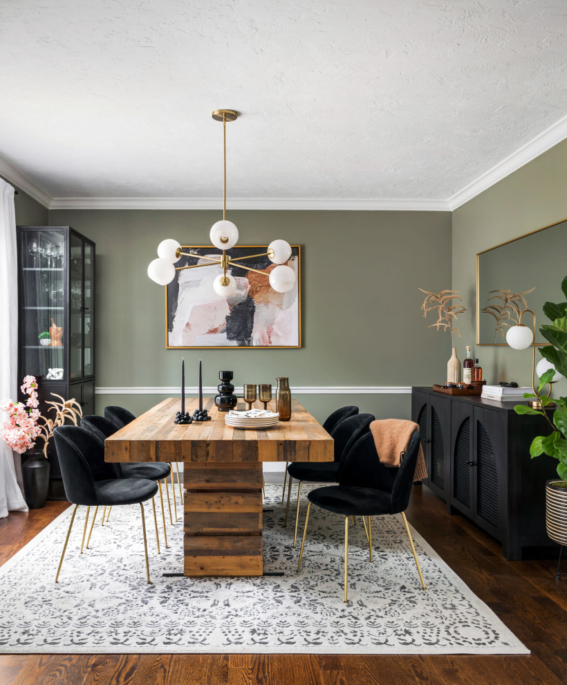 Mid-sized transitional kitchen/dining combo in Boston with green walls, dark hardwood floors and brown floor.