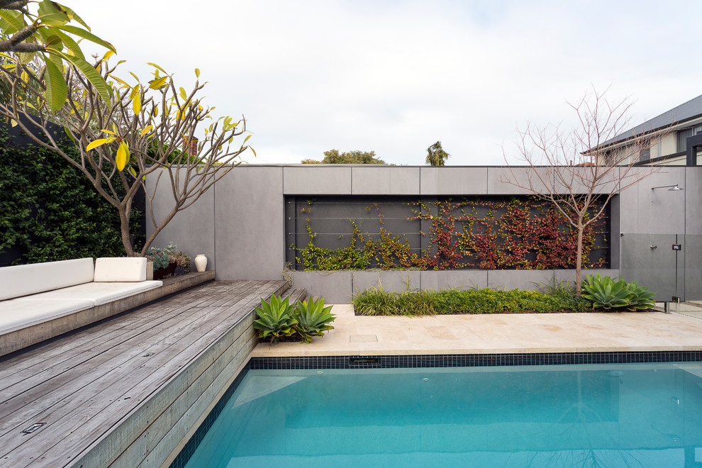 Mid-sized backyard concrete paver and rectangular pool photo in Perth