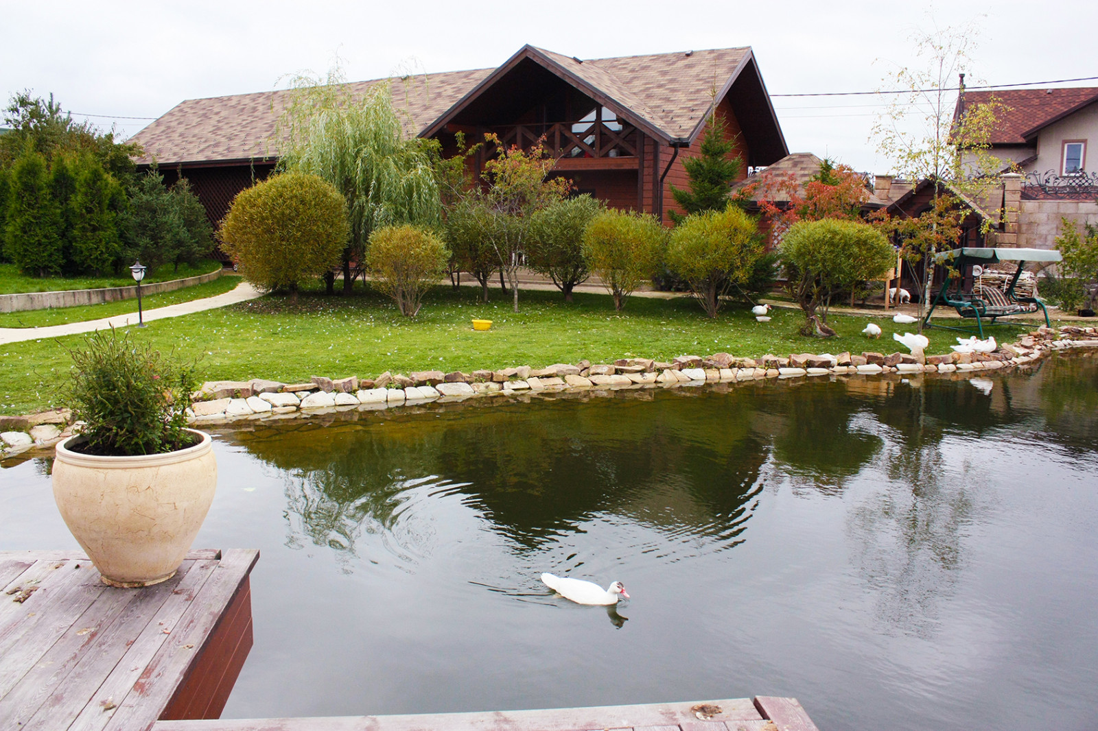 Дизайн сада с большим водоемом.