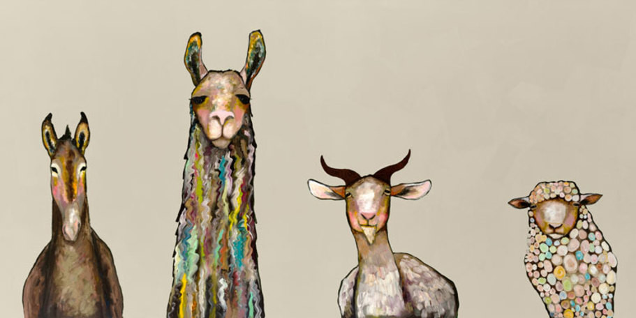 "Donkey, Llama, Goat, Sheep on Cream" Canvas Wall Art by Eli Halpin, 36"x18"