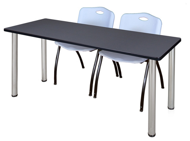 66 x 24 Kee Training Table- Grey/ Chrome & 2 'M' Stack Chairs- Grey