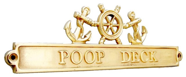 Brass Poop Deck Sign With Ship Wheel and Anchors 12" - Beach Style ...
