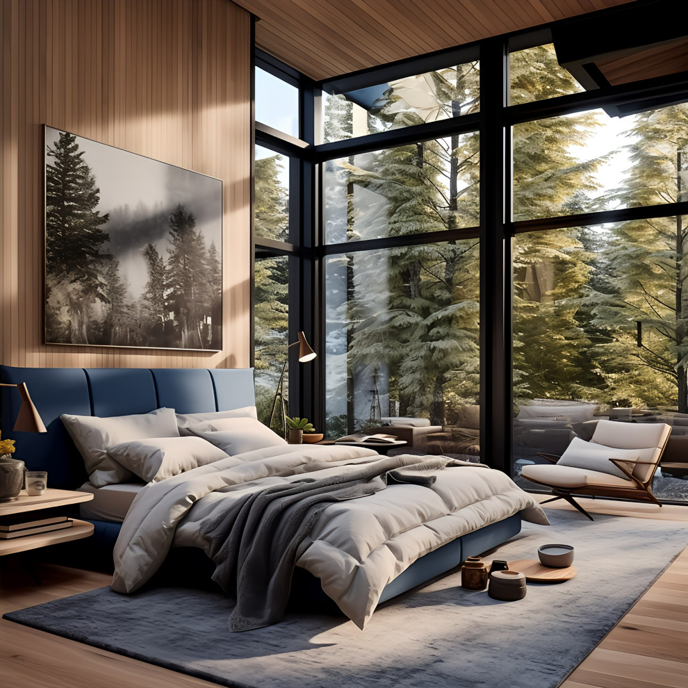 Foto de dormitorio principal minimalista grande con suelo de madera clara, madera y madera
