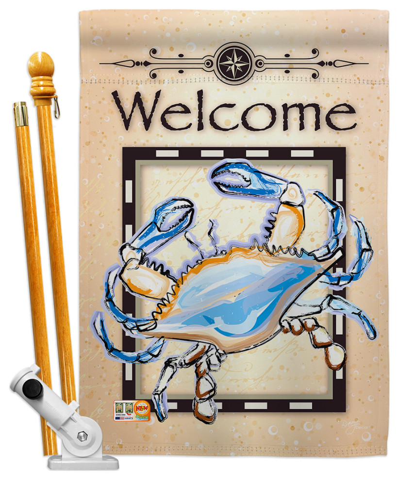 Blue Crab Coastal Nautical House Flag Set, 28" X 40" X 0.1" Modern Flags And Flagpoles by