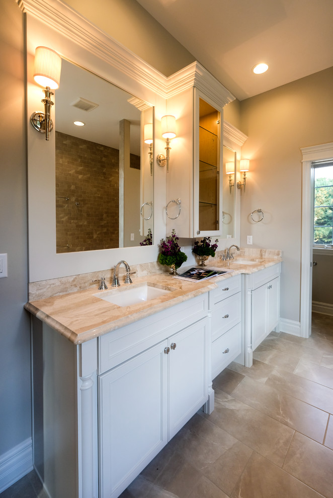 Design ideas for a large transitional master bathroom in Other with recessed-panel cabinets, white cabinets, beige walls, an undermount sink, marble benchtops and beige floor.