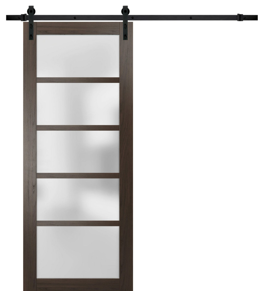 Barn Door Frosted Glass, Quadro 4002 Chocolate Ash, Set 6.6' Rail, 24