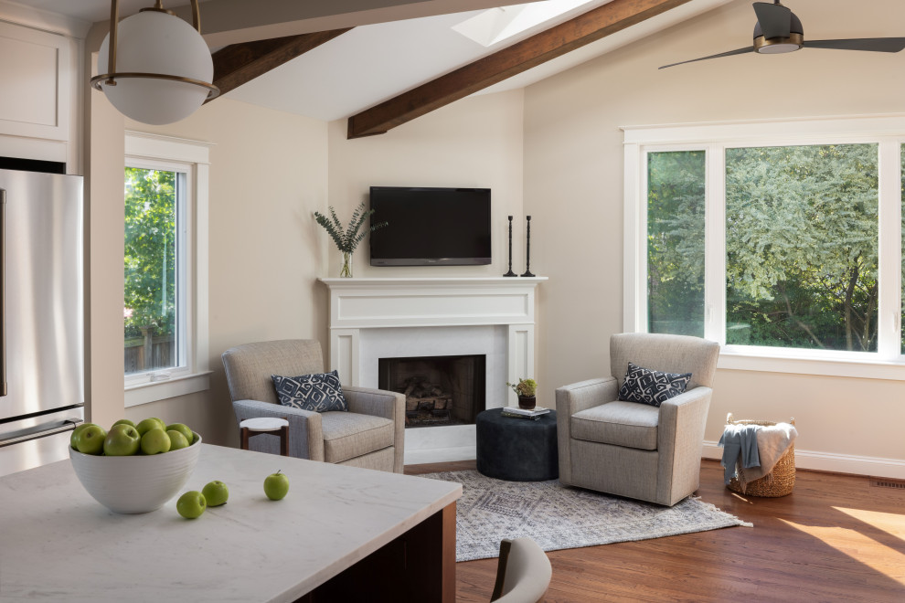 Design ideas for a mid-sized transitional open concept living room in DC Metro with medium hardwood floors, brown floor, vaulted, white walls, a corner fireplace, a stone fireplace surround and a corner tv.