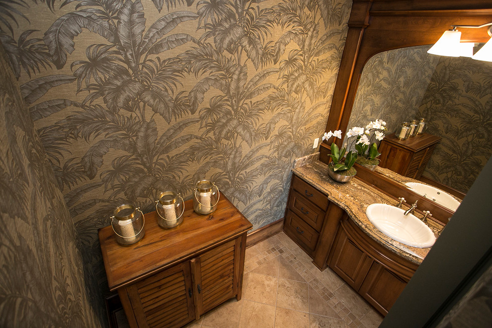 Large transitional powder room in Portland with raised-panel cabinets and medium wood cabinets.