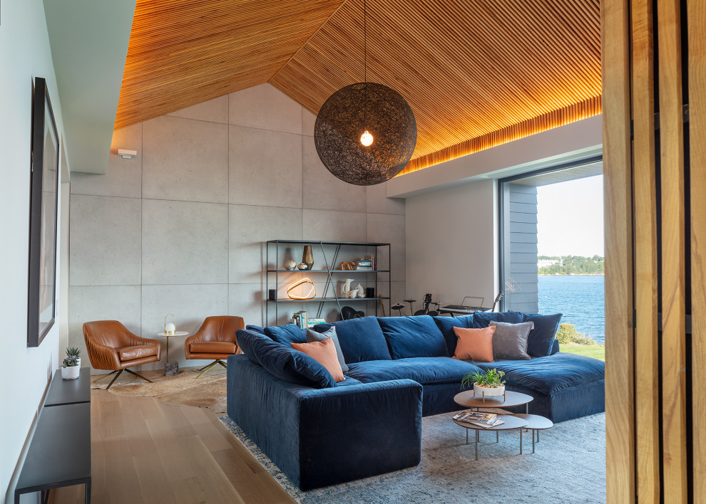 Ejemplo de sala de estar abovedada contemporánea grande con paredes blancas, suelo de madera clara, suelo beige y madera