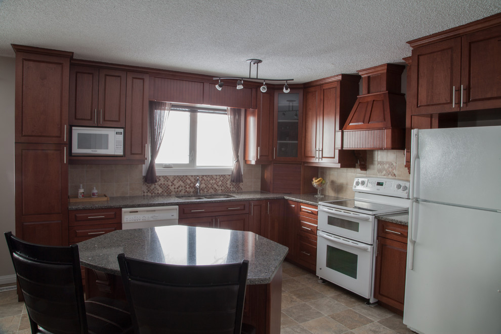 Mid-sized elegant l-shaped vinyl floor eat-in kitchen photo with an undermount sink, raised-panel cabinets, medium tone wood cabinets, quartz countertops, beige backsplash, white appliances, an island and ceramic backsplash