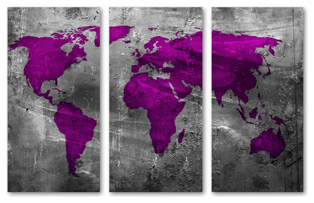 Abstract Purple World Map Canvas Print 3 Panel Split, Triptych Wall Art ...