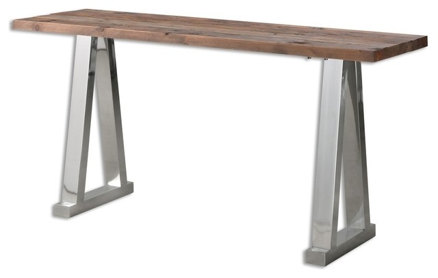 Minimalist Loft Reclaimed Wood Silver Chrome Console Table