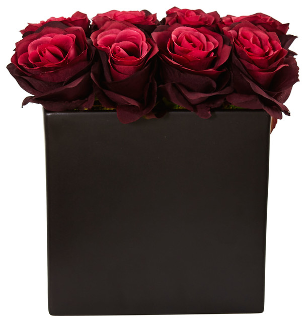 Roses Silk Arrangement, Black Vase - Contemporary - Artificial Flower Arrangements - by Nearly