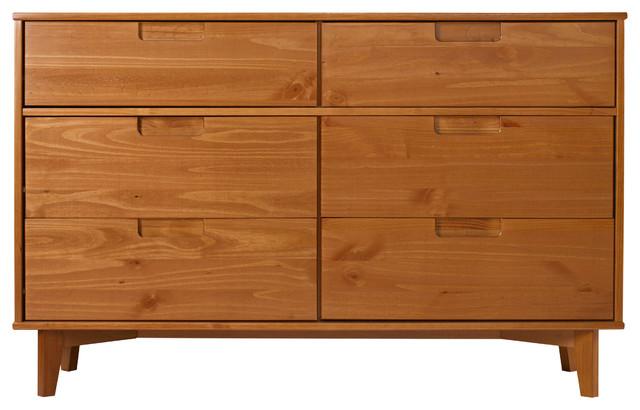 Caramel 6 Drawer Mid Century Modern Wood Dresser 
