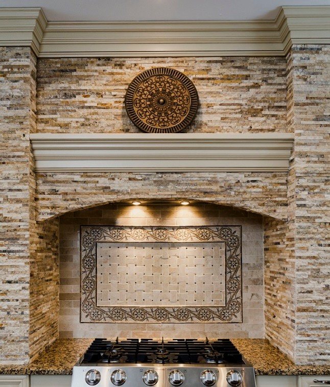 Example of a large transitional u-shaped eat-in kitchen design in Chicago with beige backsplash, stone tile backsplash, granite countertops, stainless steel appliances and brown countertops