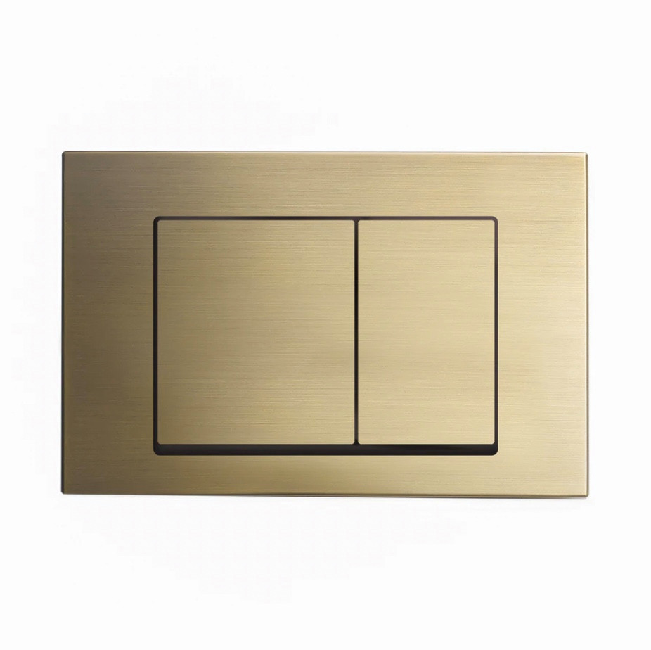 Wall Mount Dual Flush Actuator plate with Square Push Buttons in Brushed Brass. Finishes: Rose Gold, Matte Red, Matte Black, Matte White, Chrome, & White (SM-WC002Z)