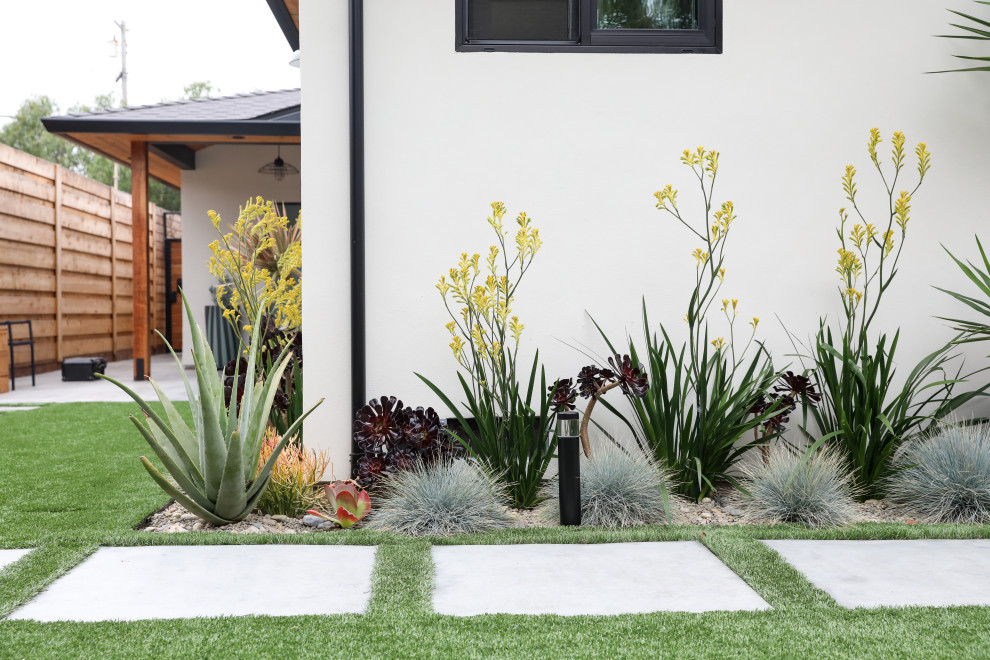 Diseño de jardín de secano minimalista de tamaño medio en verano en patio trasero con borde del césped, exposición total al sol, adoquines de hormigón y con metal