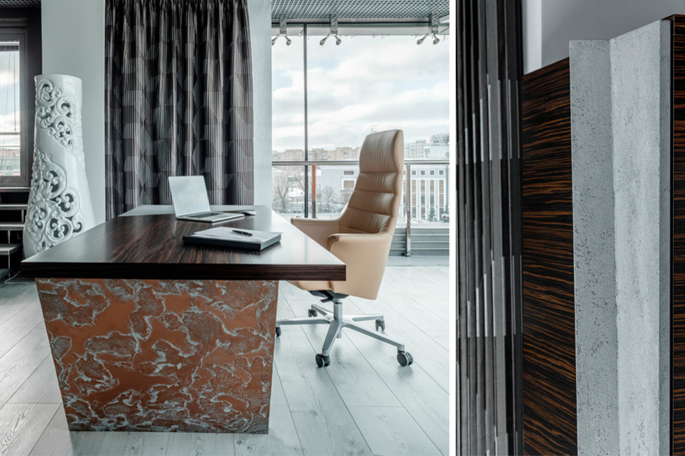 Дизайн кабинета: бетон, эбеновое дерево и шикарный вид из окна