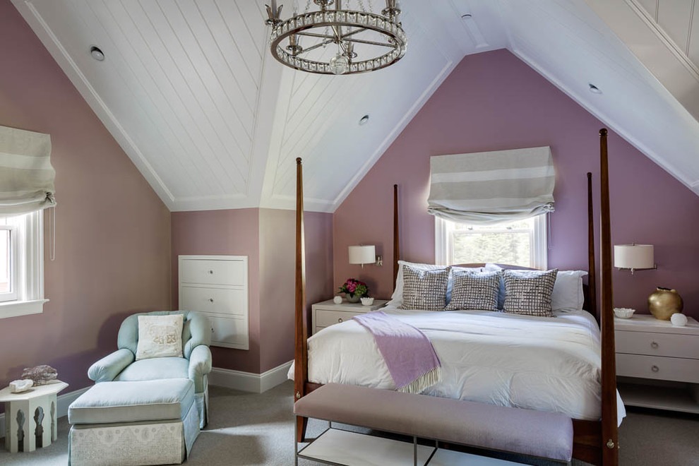 This is an example of a large traditional guest bedroom in Boston with purple walls, carpet and no fireplace.