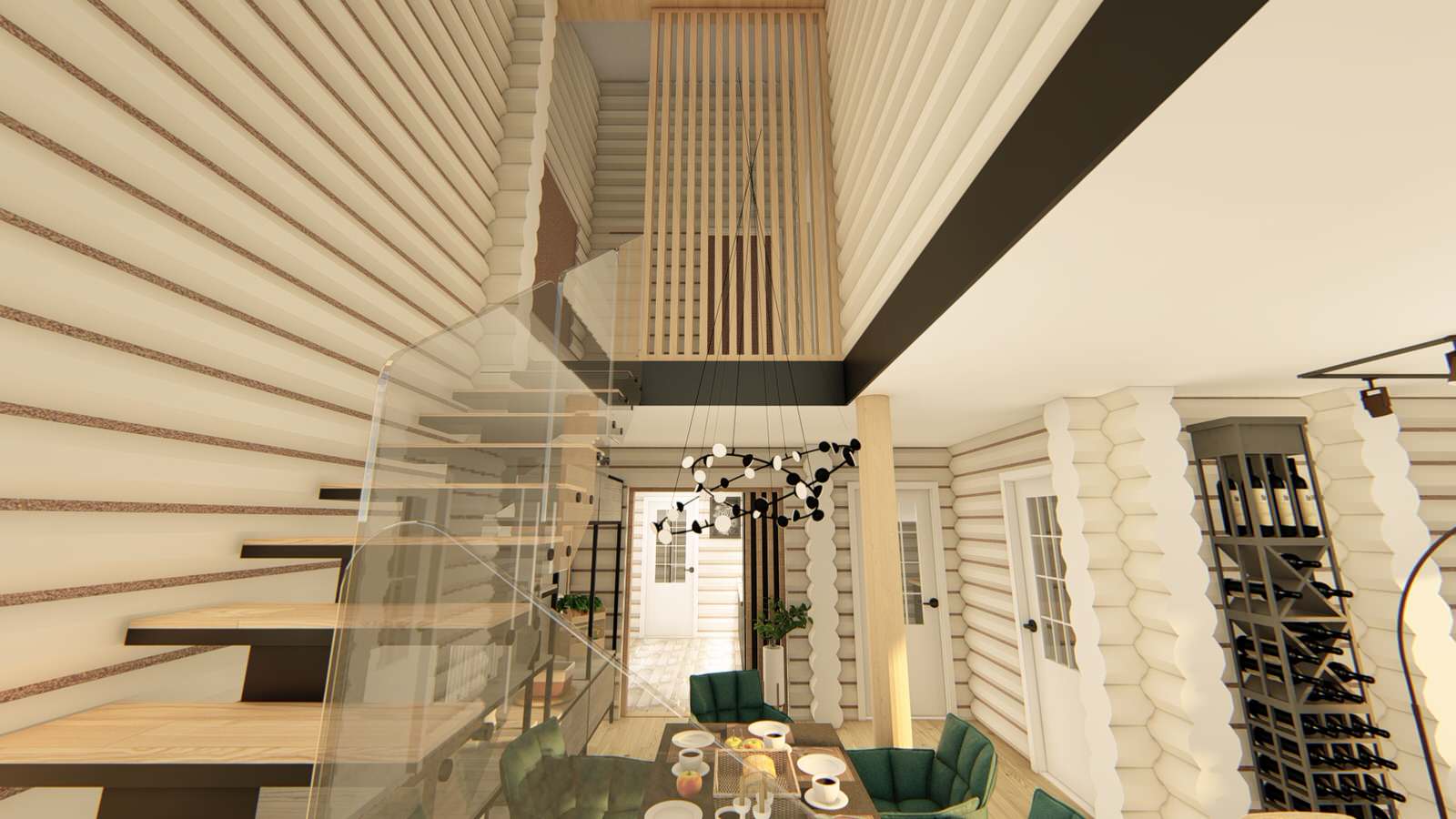 Интерьер двухэтажного коттеджа из оцилиндрованного бревна