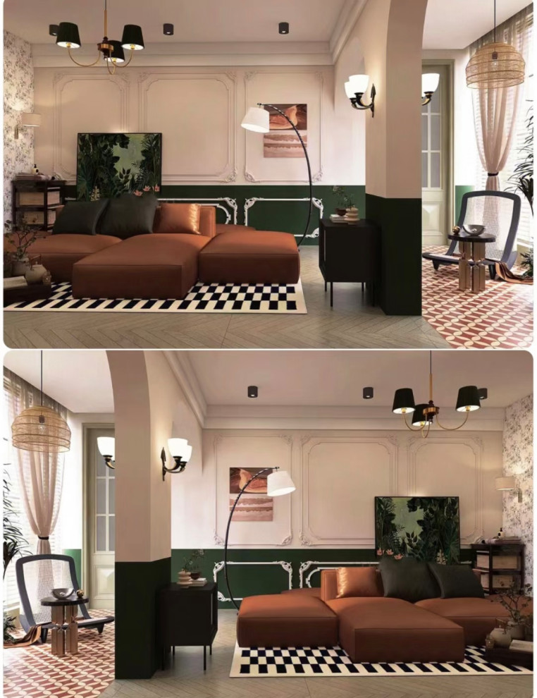 他の地域にある小さなアジアンスタイルのおしゃれなリビング (緑の壁、セラミックタイルの床、マルチカラーの床、折り上げ天井、パネル壁) の写真
