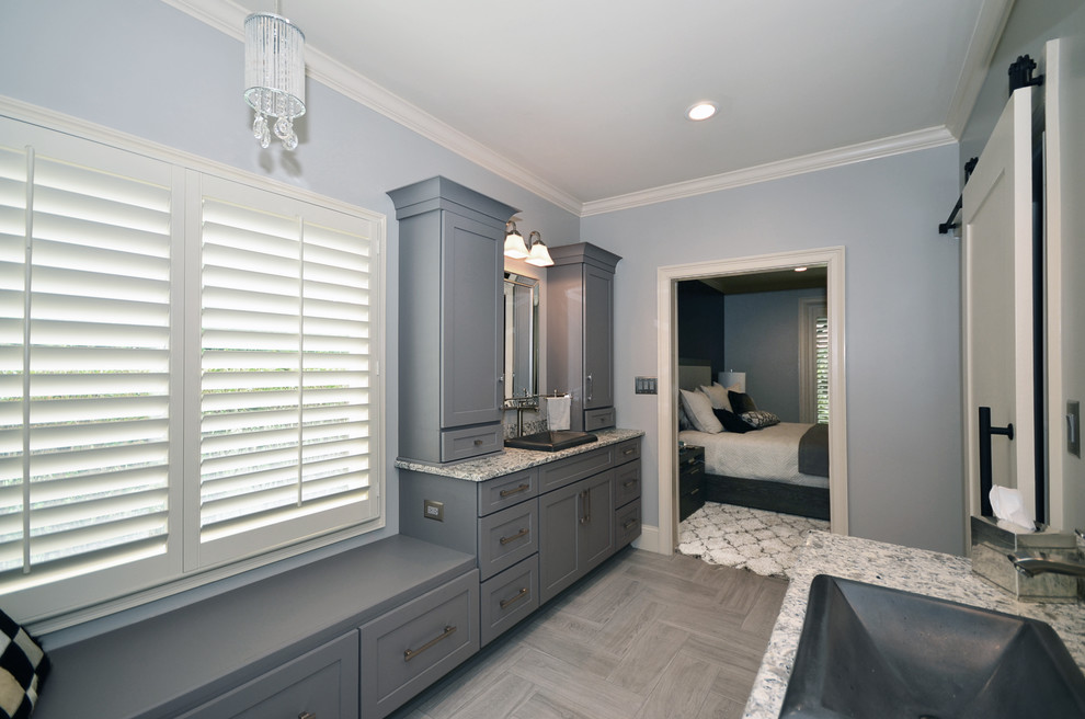 Mid-sized country master bathroom in Charlotte with shaker cabinets, grey cabinets, gray tile, porcelain tile, porcelain floors, a drop-in sink, engineered quartz benchtops, grey floor and grey benchtops.