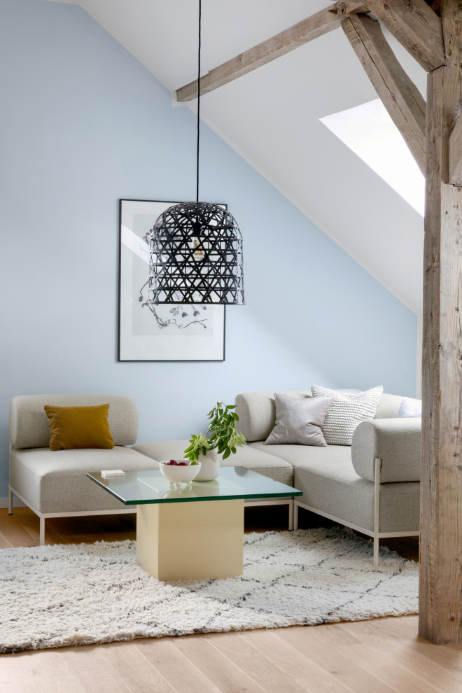 Diseño de sala de estar abierta minimalista con paredes azules y suelo de madera en tonos medios