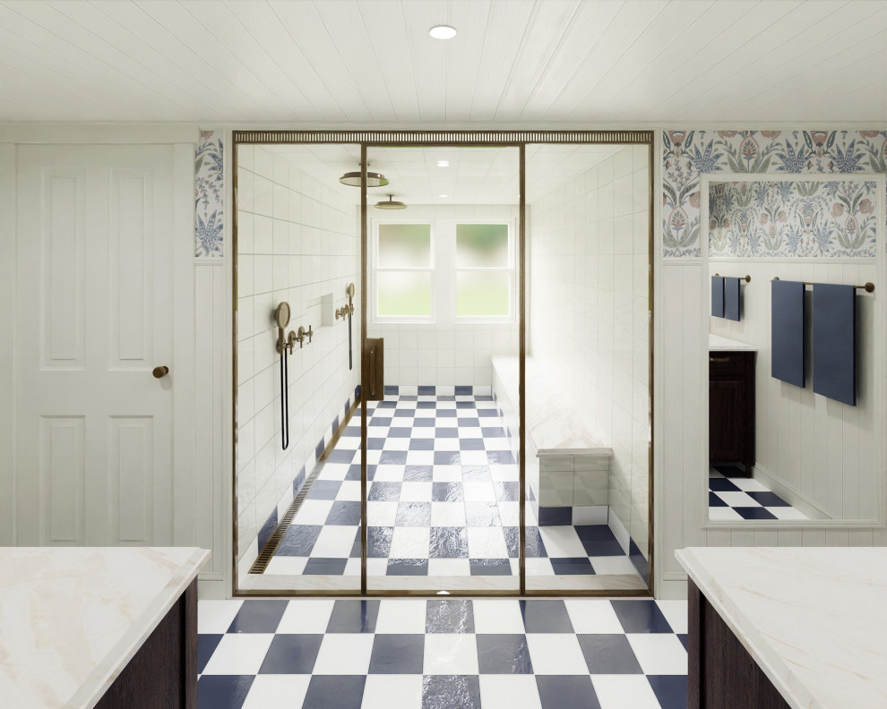 Стильный дизайн: большая главная ванная комната в стиле кантри с фасадами с выступающей филенкой, коричневыми фасадами, двойным душем, раздельным унитазом, белой плиткой, разноцветными стенами, полом из керамогранита, врезной раковиной, мраморной столешницей, разноцветным полом, душем с распашными дверями, белой столешницей, сиденьем для душа, тумбой под две раковины, напольной тумбой, деревянным потолком и панелями на стенах - последний тренд