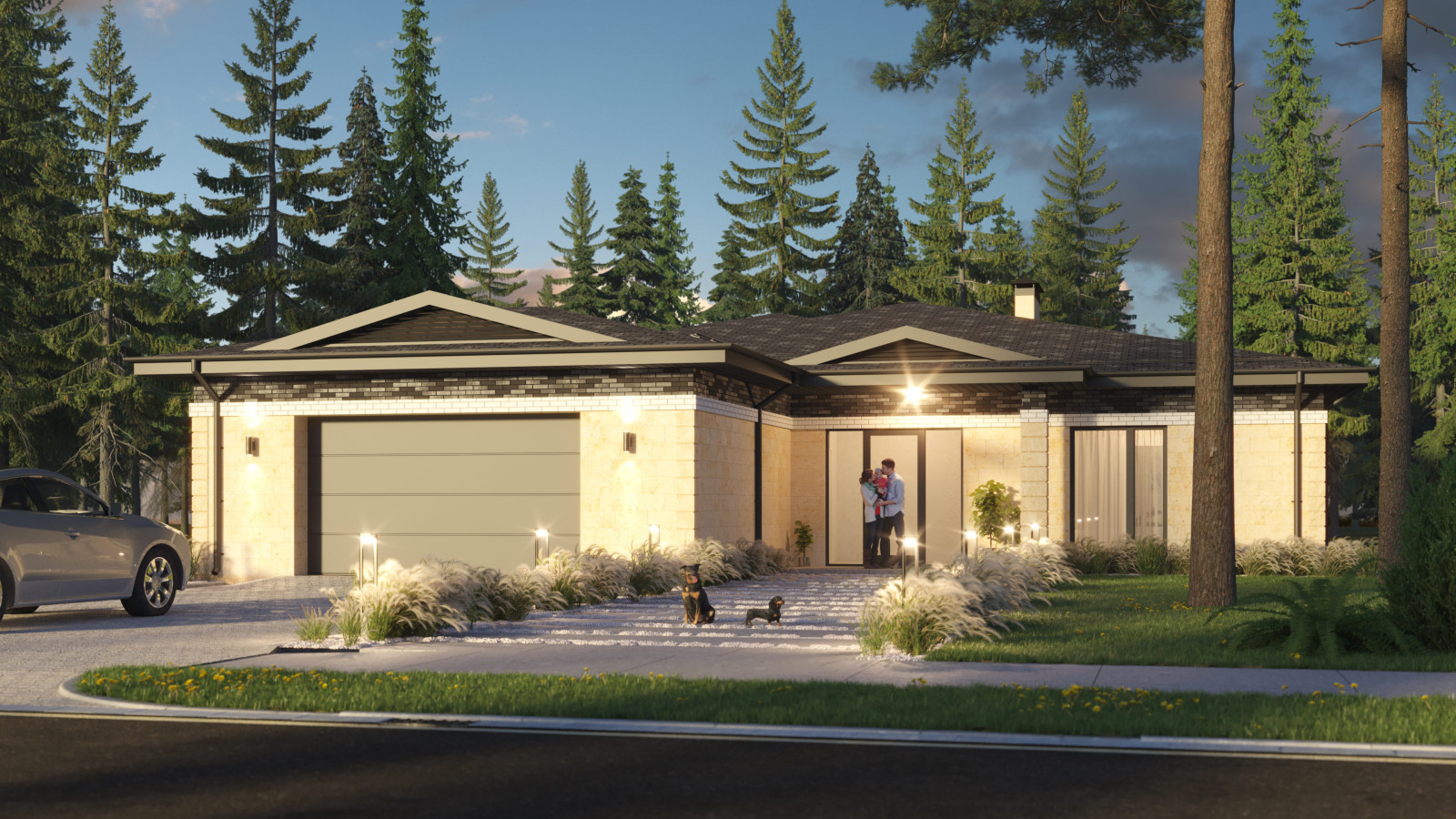 Проект 1-этажного 5-комнатного жилого дома в стиле Райта